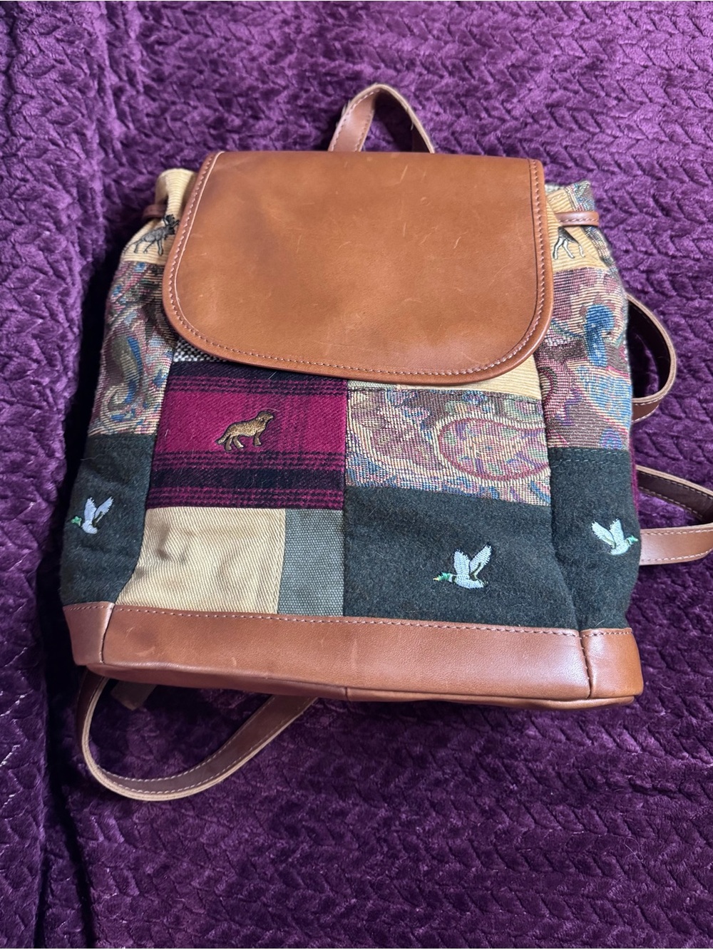 Vintage LL Bean Patchwork Embroidered Leather-Trim Backpack Brown & Multicolor